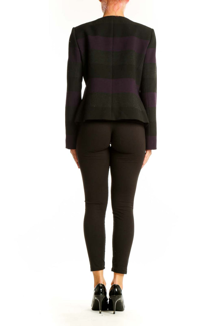 Back view of Tahari Arthur S. Levine Black and Purple Striped Open-Front Jacket on model