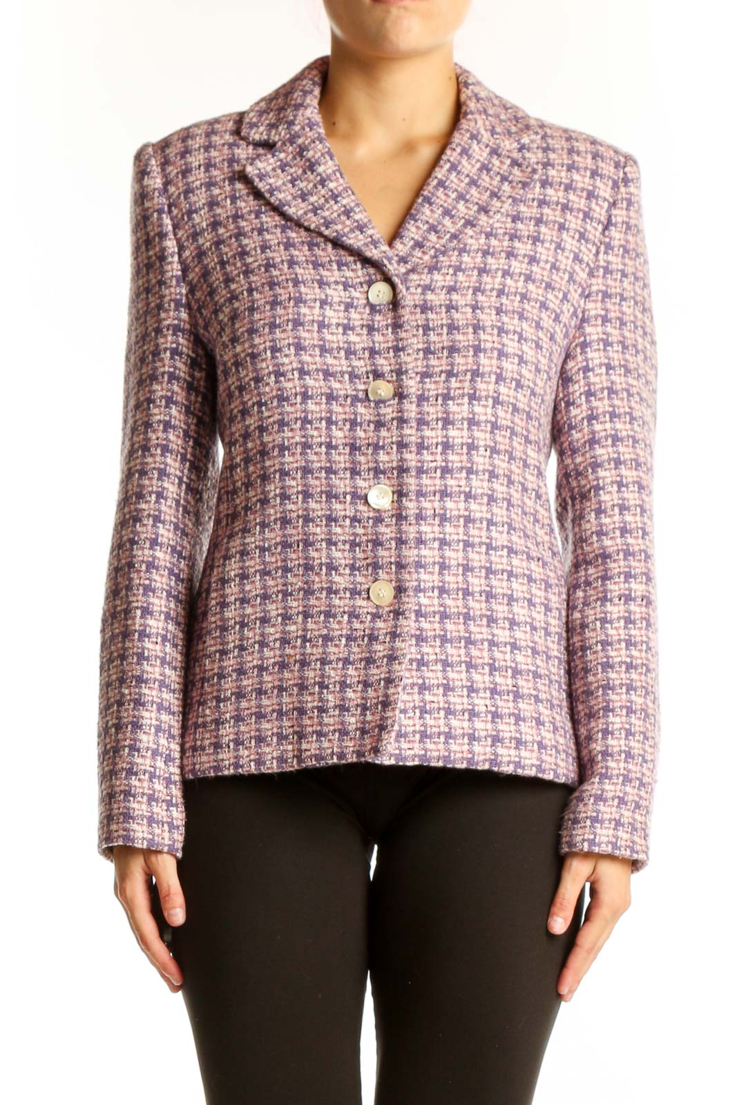 Front view of Amanda Smith purple tweed button-up blazer