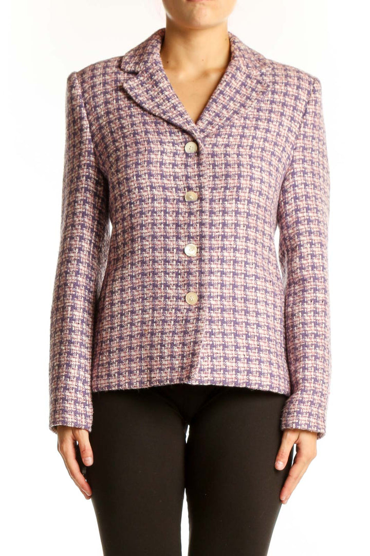 Front view of Amanda Smith purple tweed button-up blazer
