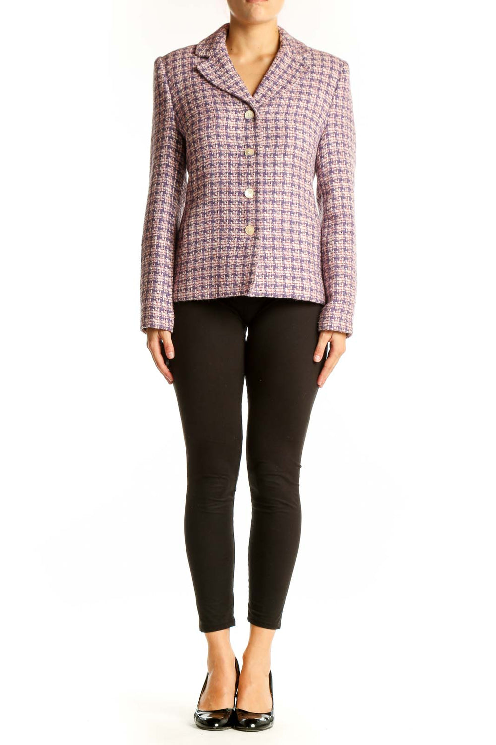 Front view of Amanda Smith purple tweed button-up blazer