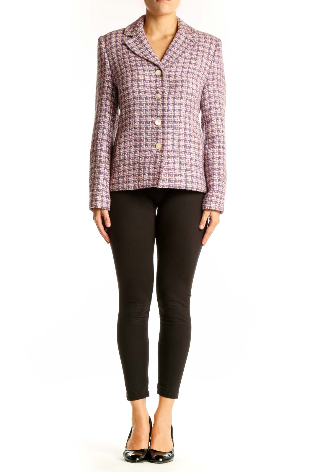 Front view of Amanda Smith purple tweed button-up blazer