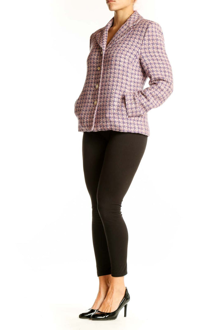 Front view of Amanda Smith purple tweed button-up blazer