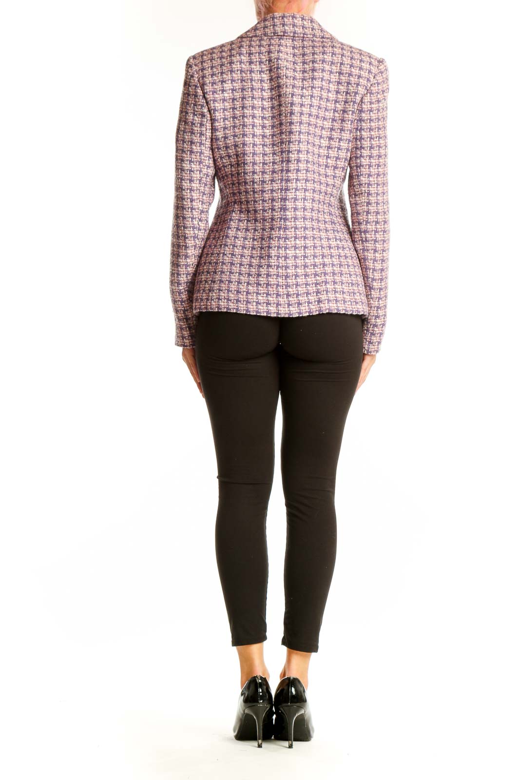 Side view of Amanda Smith purple tweed blazer on model