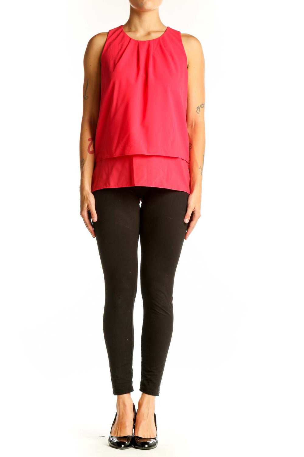 Front view of red sleeveless layered top from J.Crew