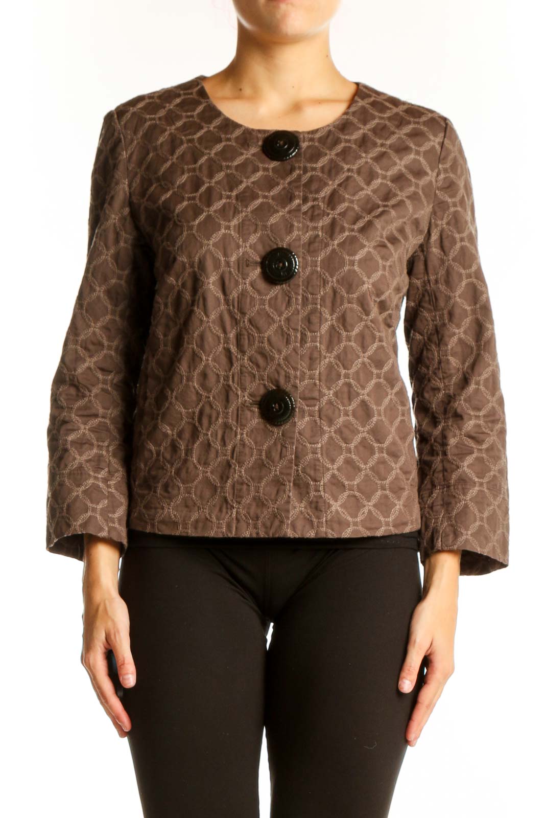 Front view of J.Jill brown geometric pattern quilted jacket