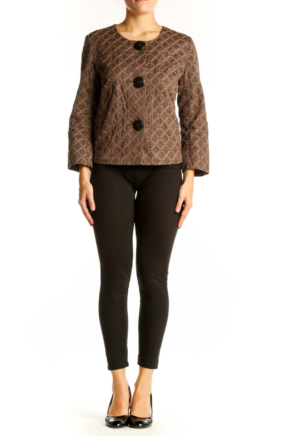 Front view of J.Jill brown geometric pattern quilted jacket