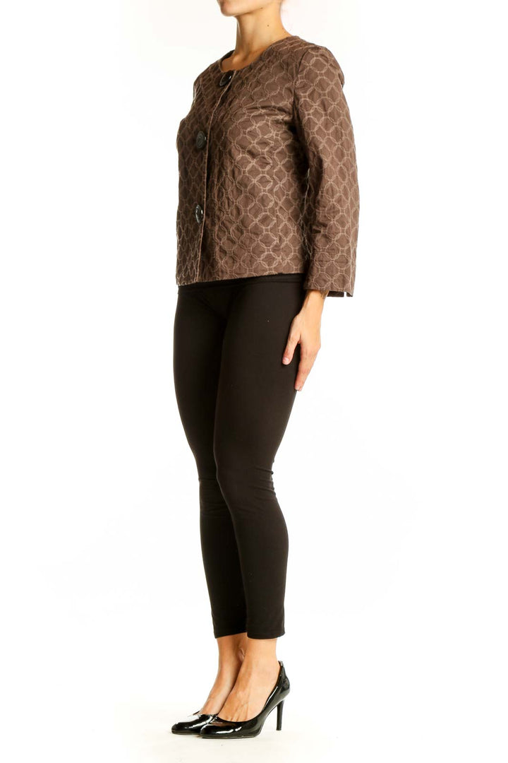 Front view of J.Jill brown geometric pattern quilted jacket