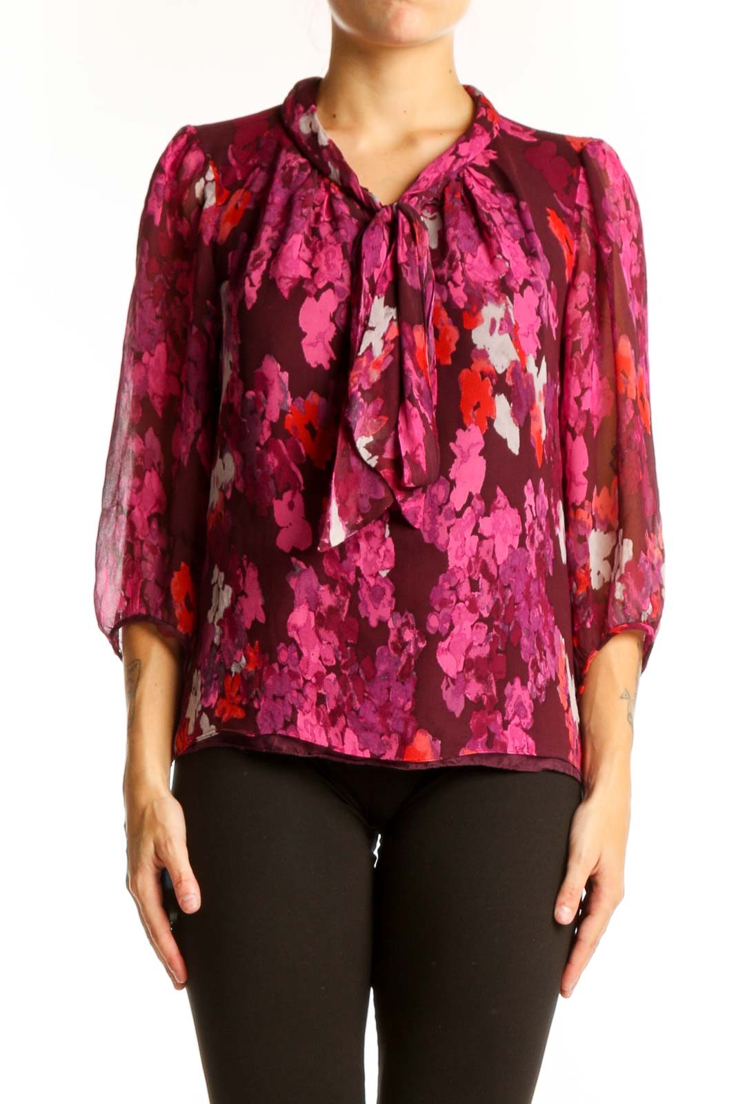 Front view of Tibi New York pink floral silk blouse with tie-neck