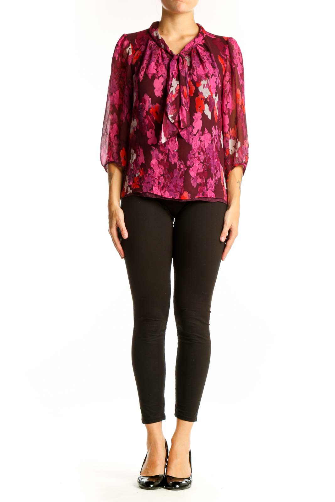 Front view of Tibi New York pink floral silk blouse with tie-neck