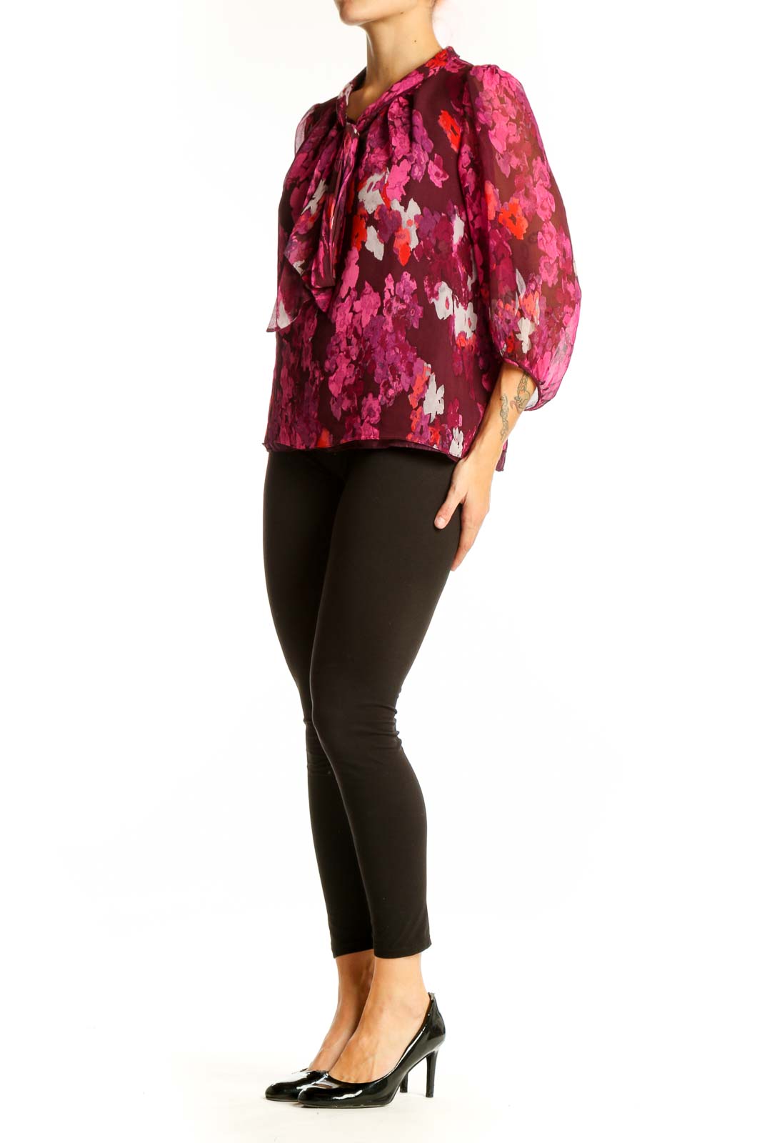 Front view of Tibi New York pink floral silk blouse with tie-neck
