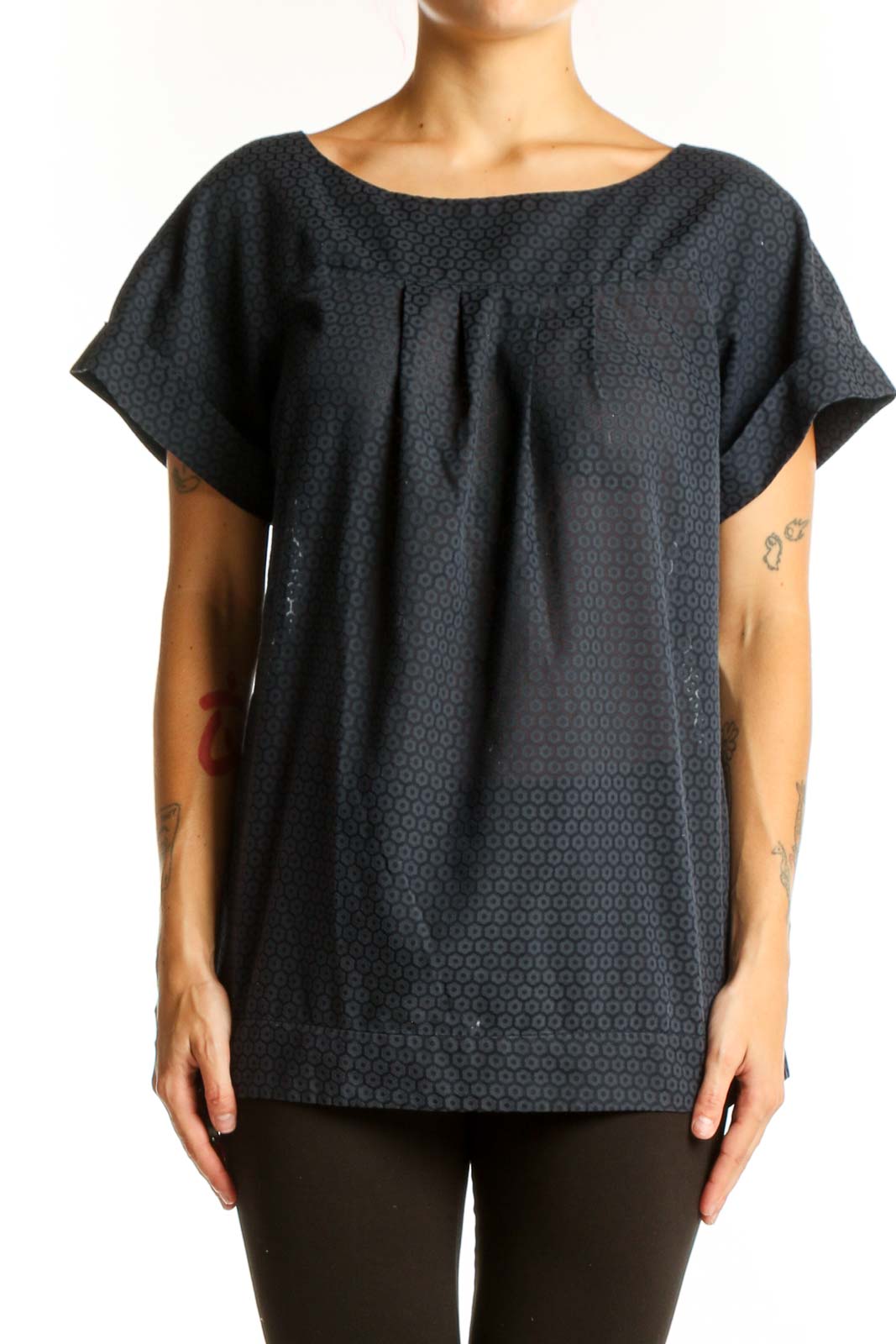 Front view of black textured short-sleeve top by French Connection