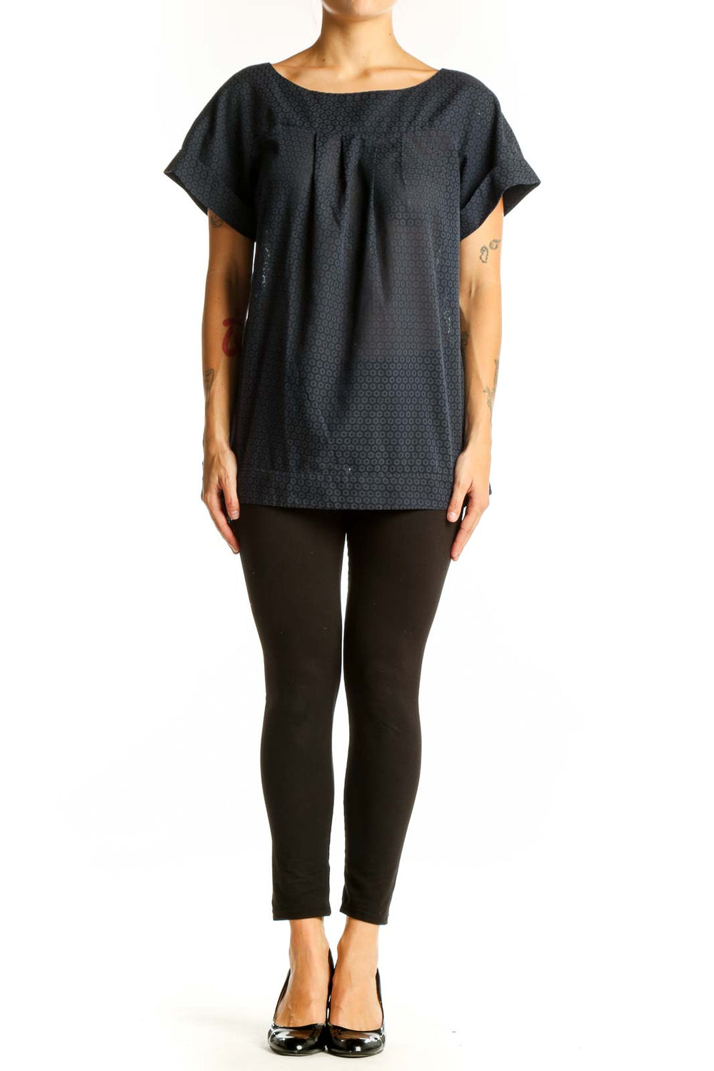 Front view of black textured short-sleeve top by French Connection