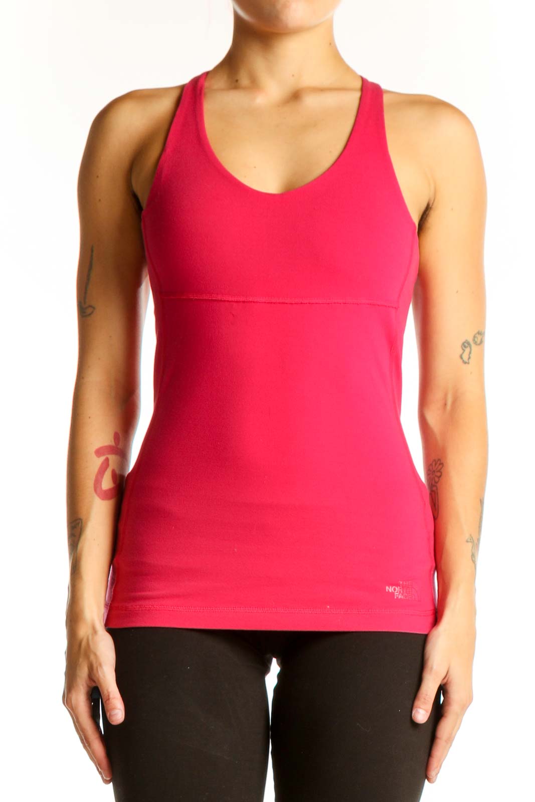 Front view of pink racerback performance tank top from The North Face