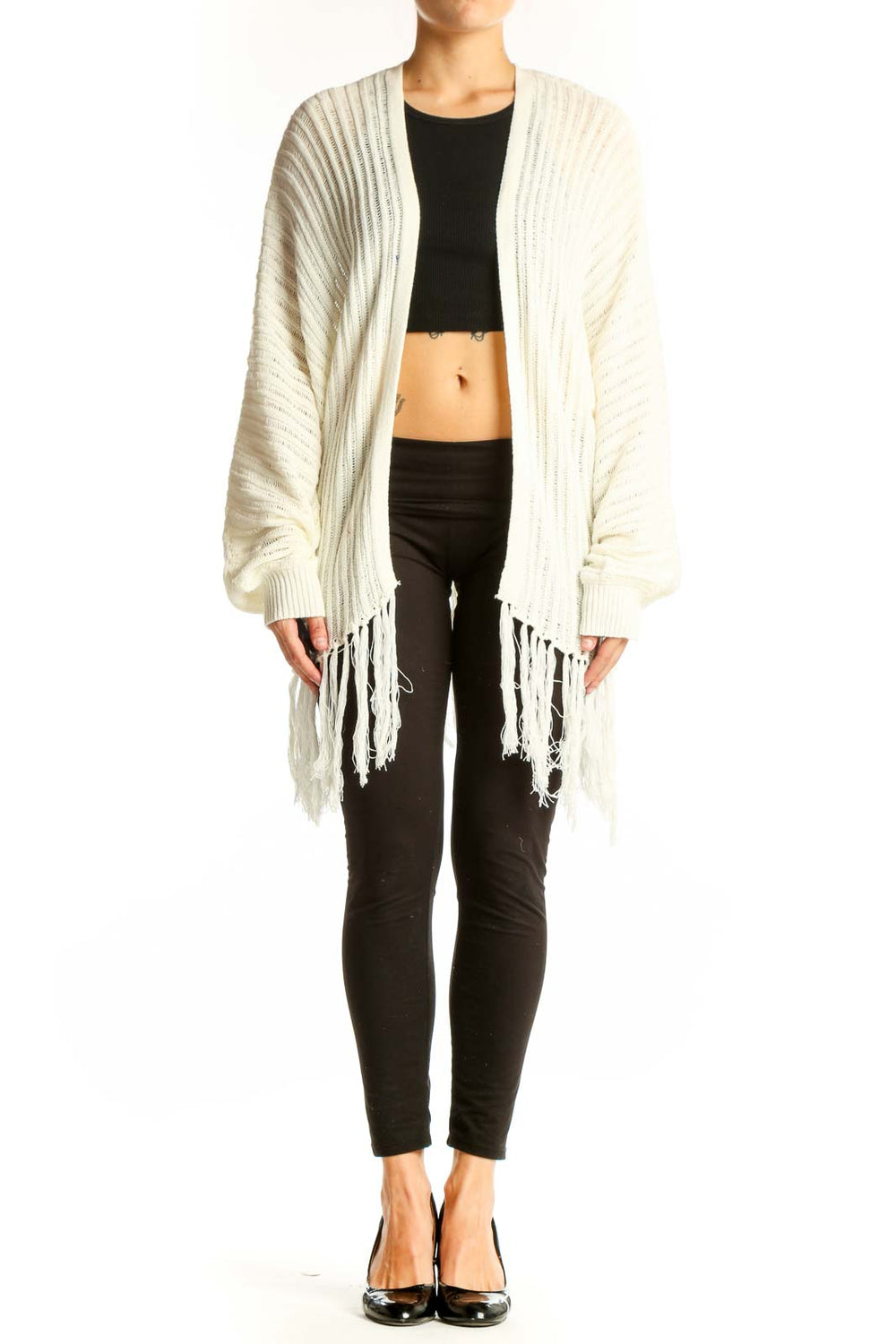 Front view of Fantastic Fawn cream ribbed cardigan with fringe detail