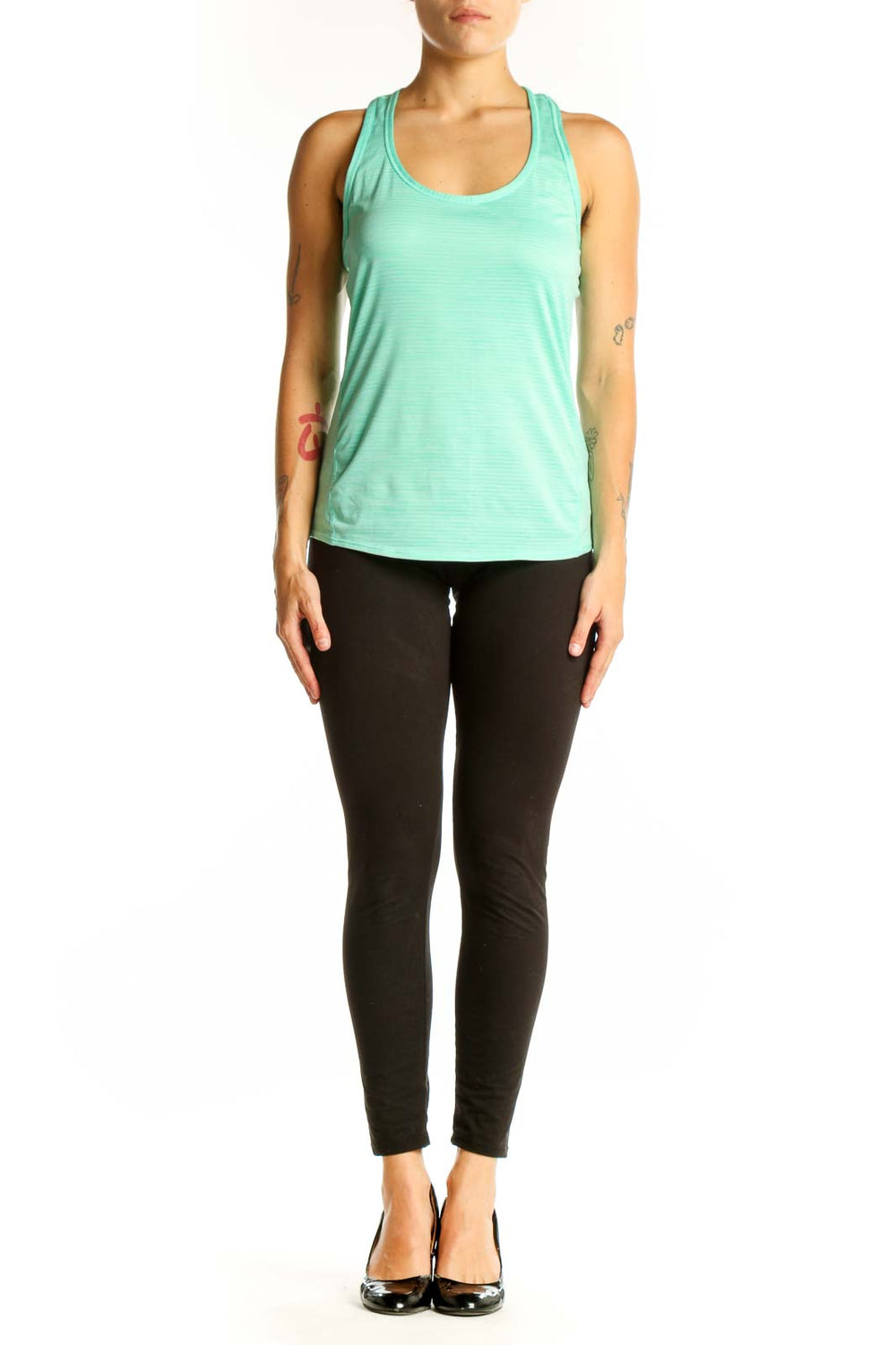 Front view of mint green Athleta racerback tank top