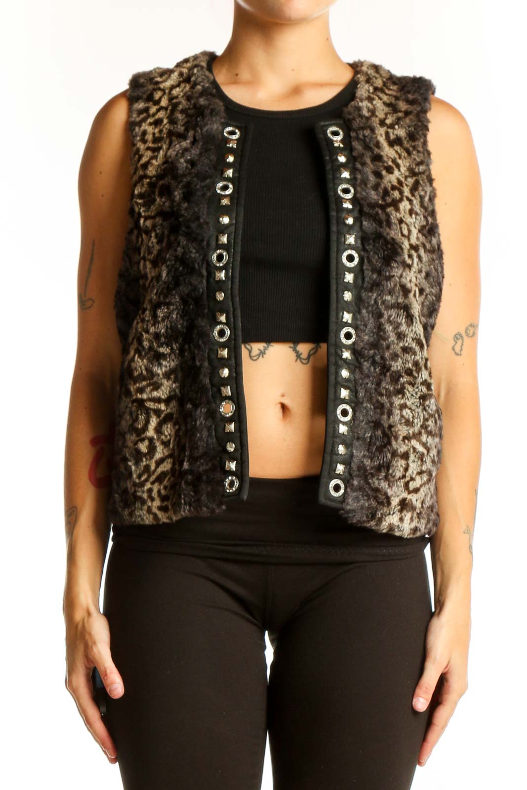 Front view of Cache brown leopard print faux fur vest with silver grommets