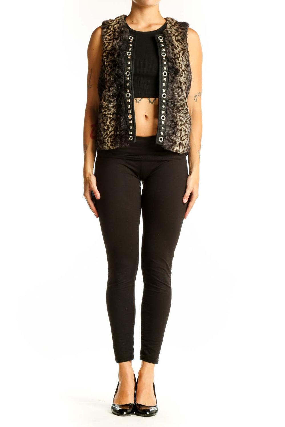 Front view of Cache brown leopard print faux fur vest with silver grommets
