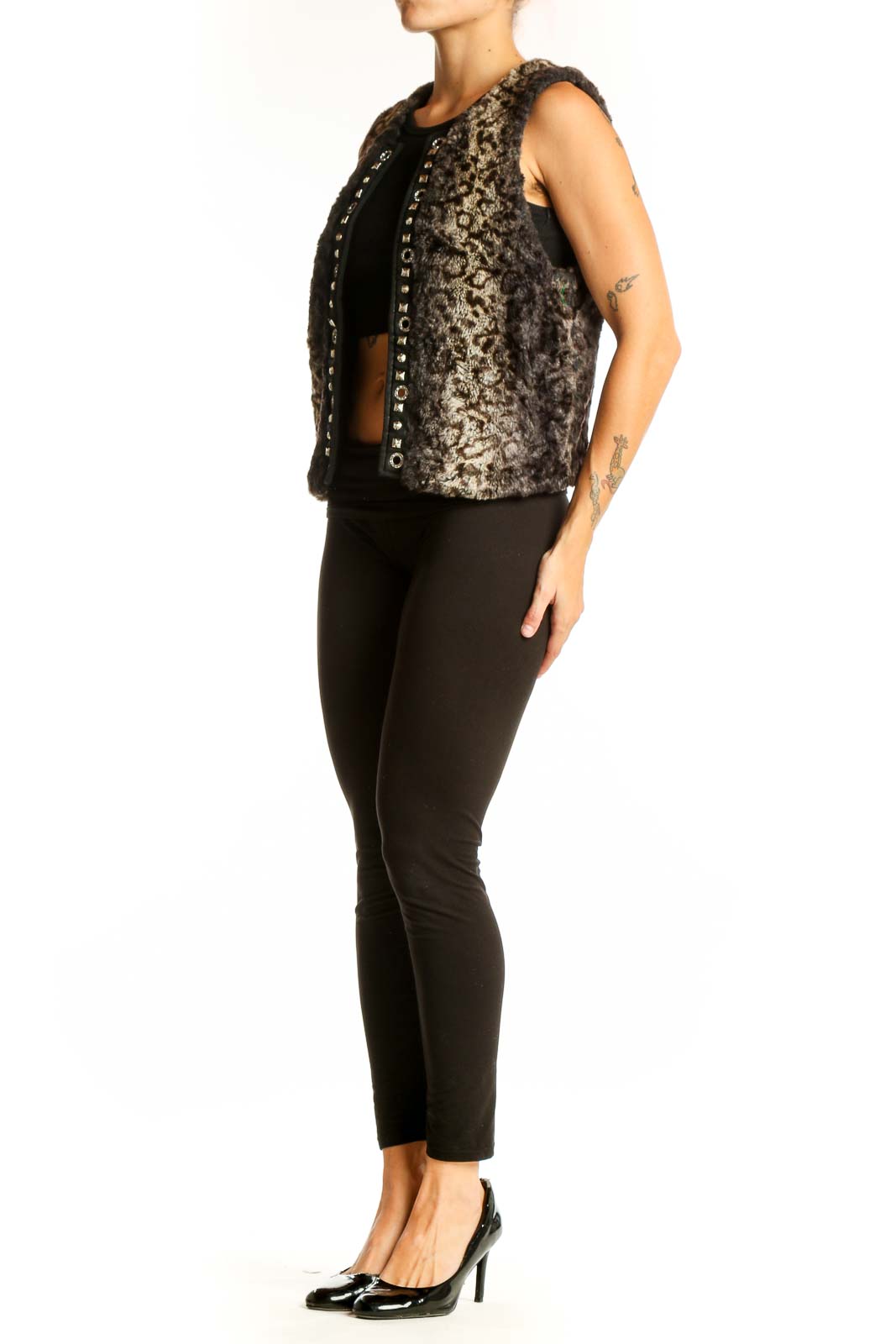 Front view of Cache brown leopard print faux fur vest with silver grommets