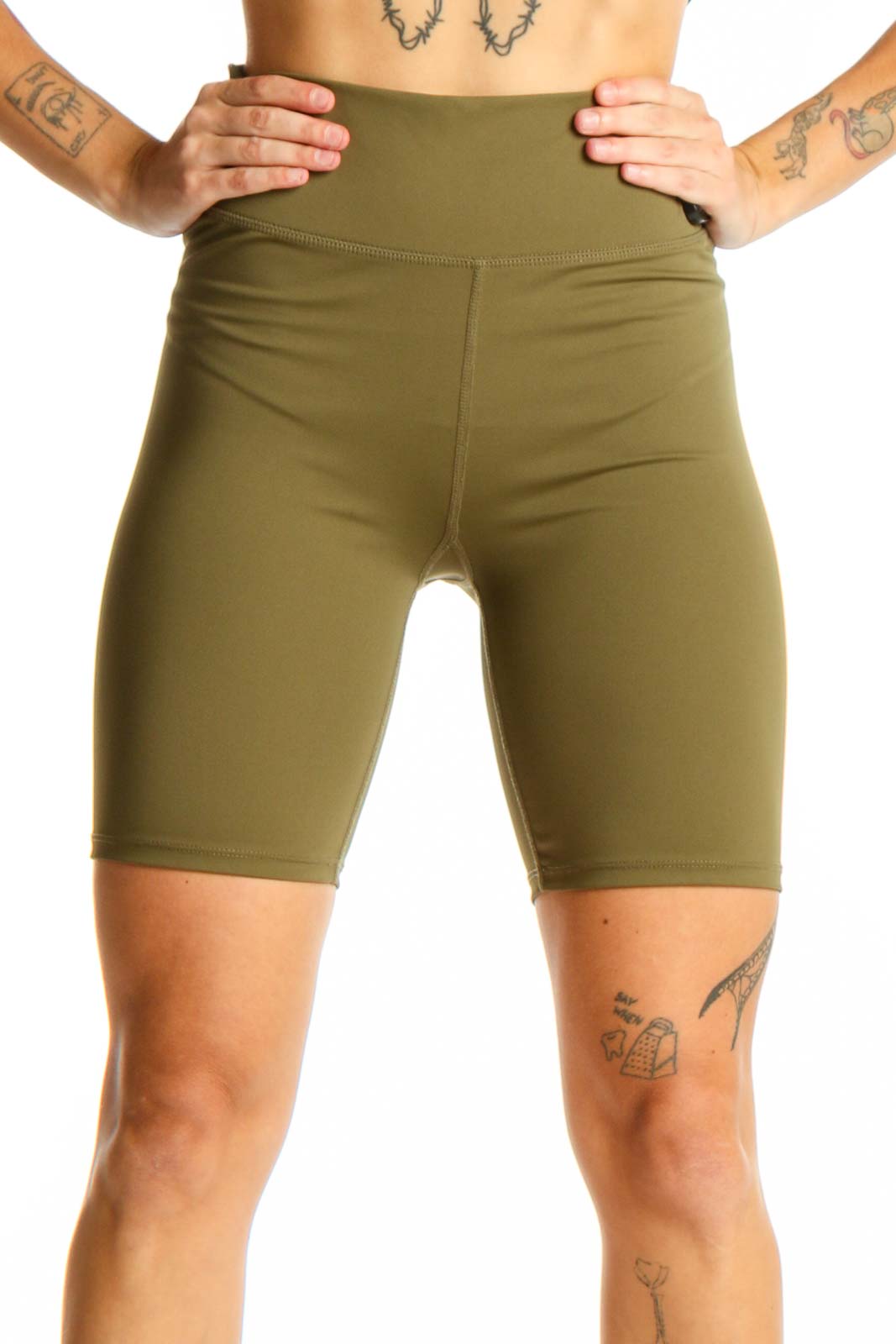 Front view of olive Madewell high-waisted biker shorts