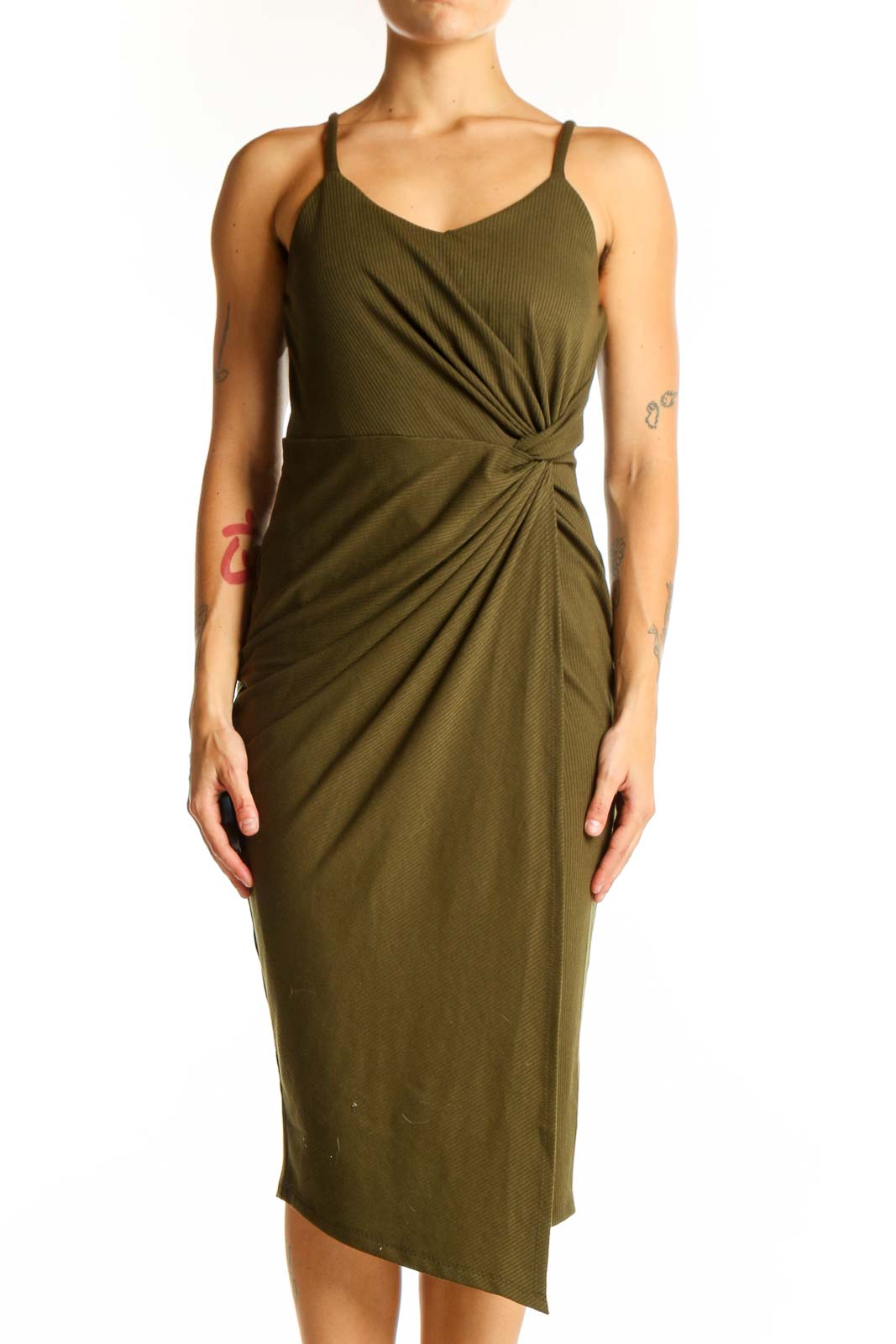 Front view of Nine Britton olive green twist-front ribbed midi dress