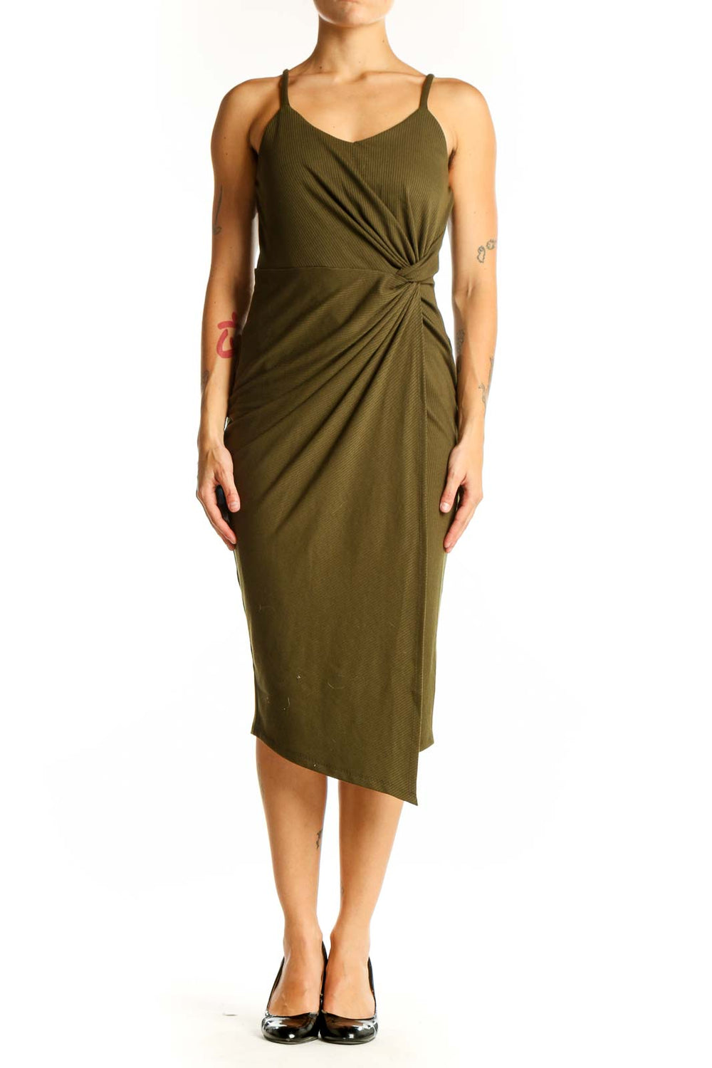 Front view of Nine Britton olive green twist-front ribbed midi dress