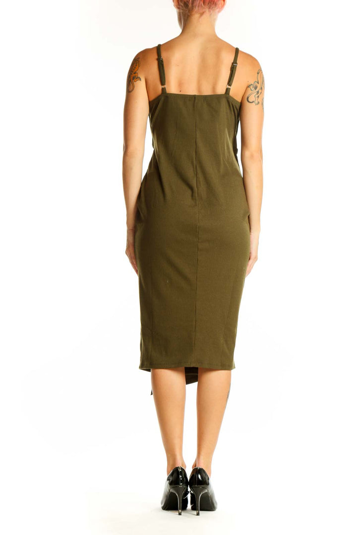 Side view of Nine Britton olive green twist-front ribbed midi dress