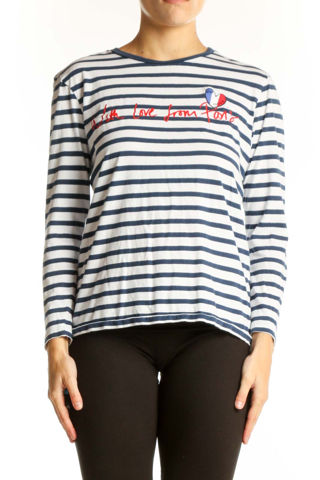 Front view of Etre cecile navy striped long sleeve top with French embroidery