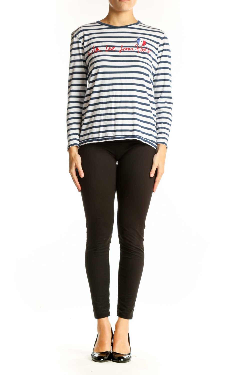 Front view of Etre cecile navy striped long sleeve top with French embroidery