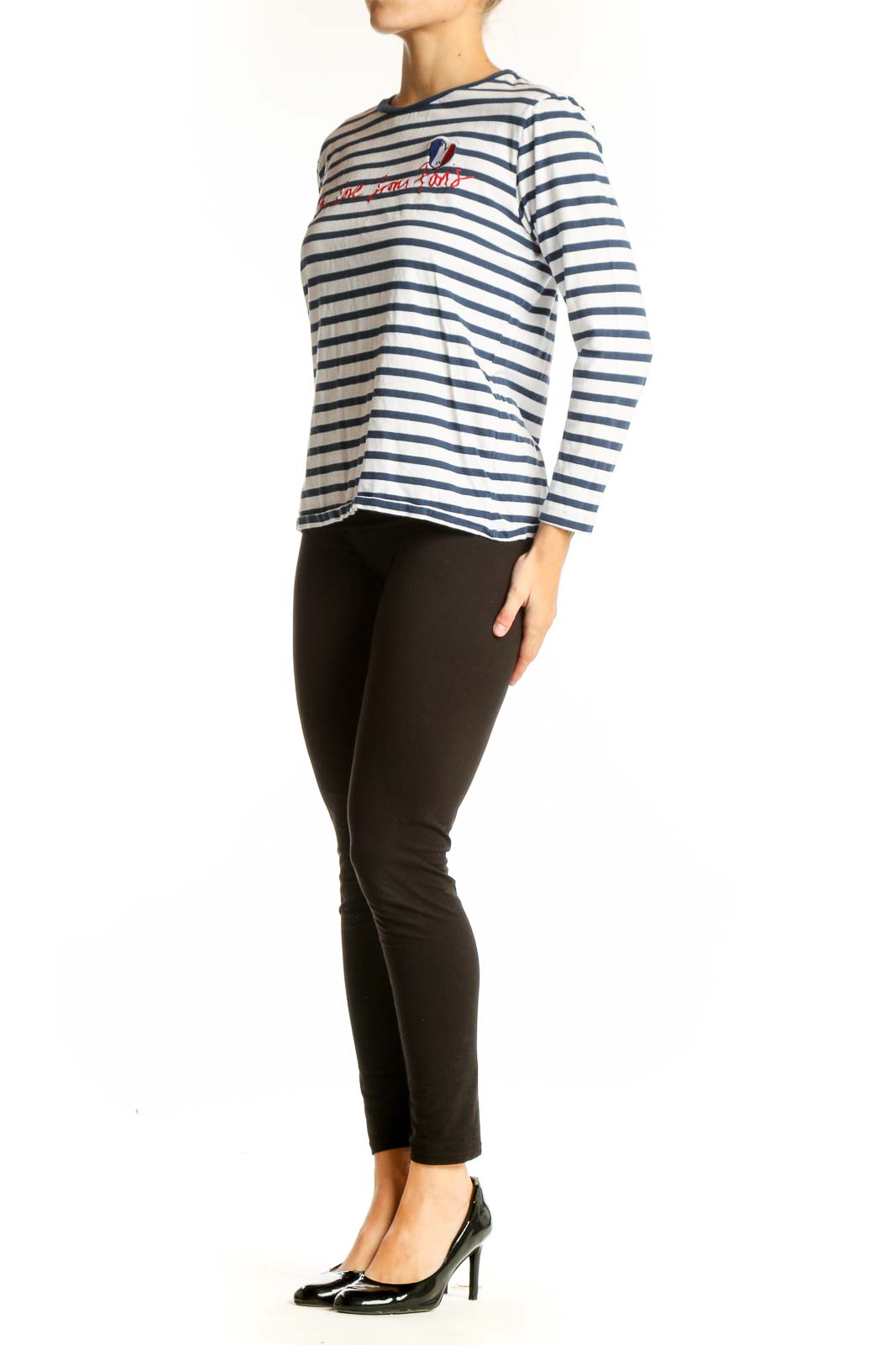 Front view of Etre cecile navy striped long sleeve top with French embroidery