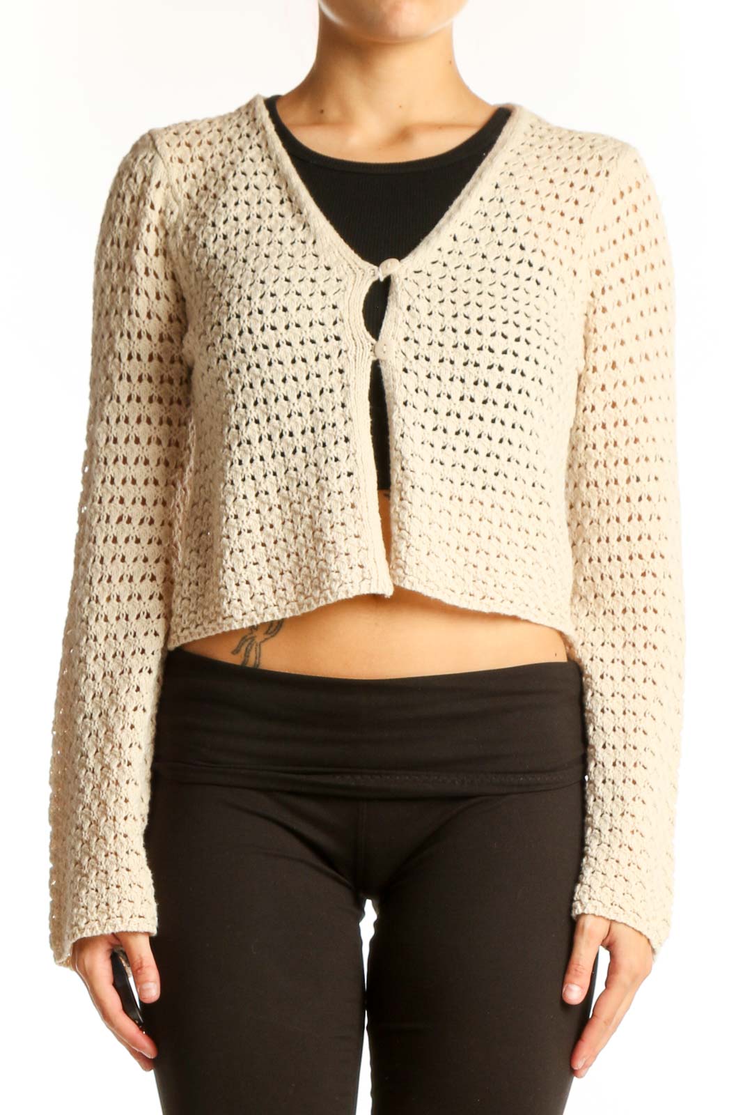 Front view of LOVE ELLIE cream cropped crochet cardigan with single-button closure