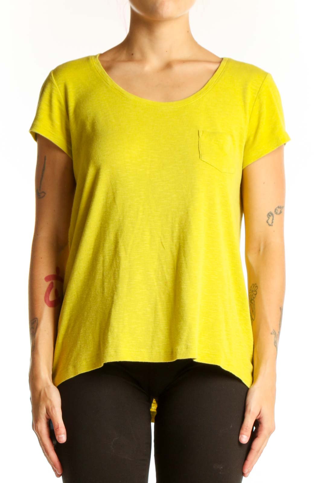 Front view of yellow Cynthia Rowley scoop neck t-shirt with chest pocket