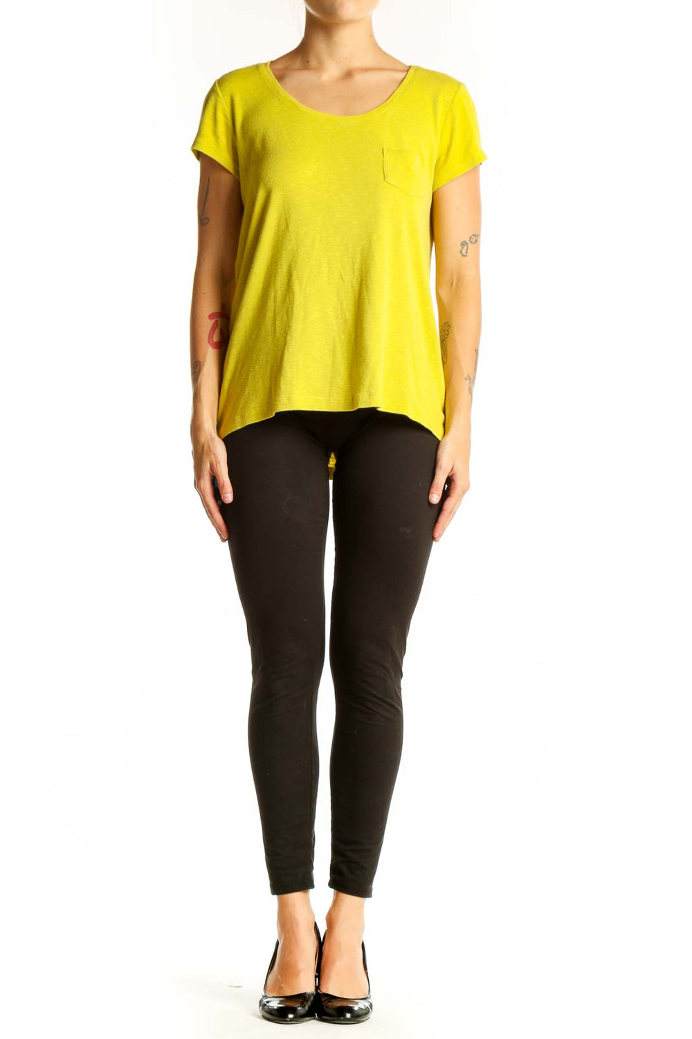 Front view of yellow Cynthia Rowley scoop neck t-shirt with chest pocket