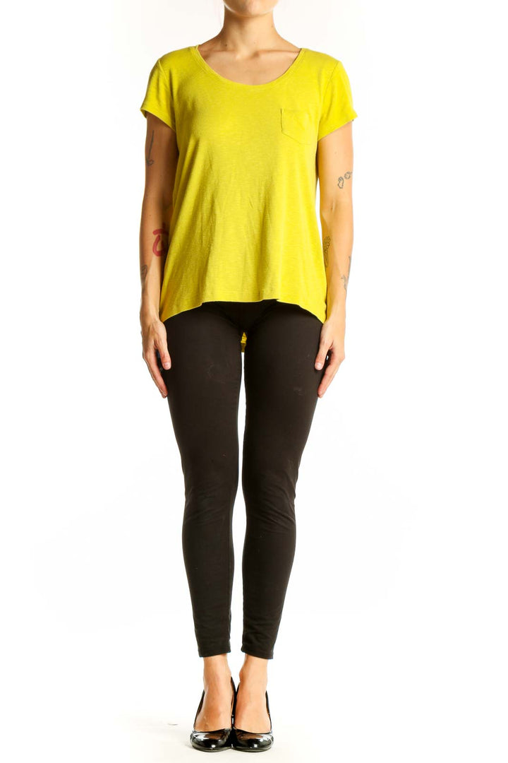 Front view of yellow Cynthia Rowley scoop neck t-shirt with chest pocket