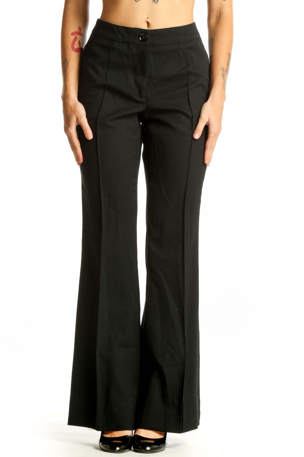 Front view of Burberry black wide-leg trousers with high-rise waist