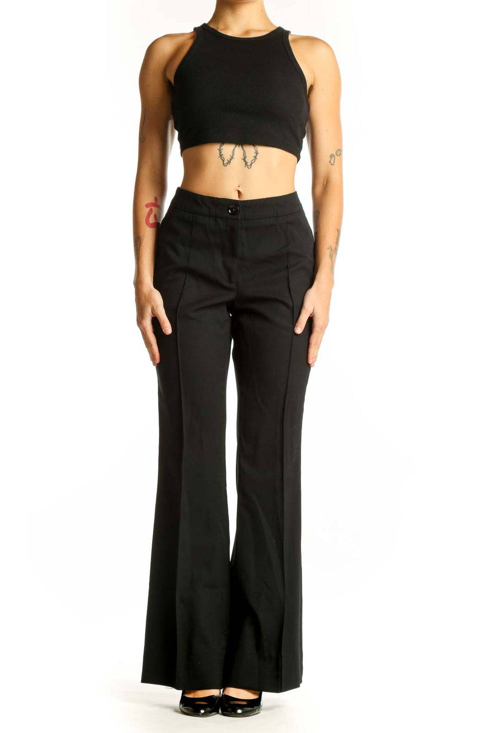 Front view of Burberry black wide-leg trousers with high-rise waist