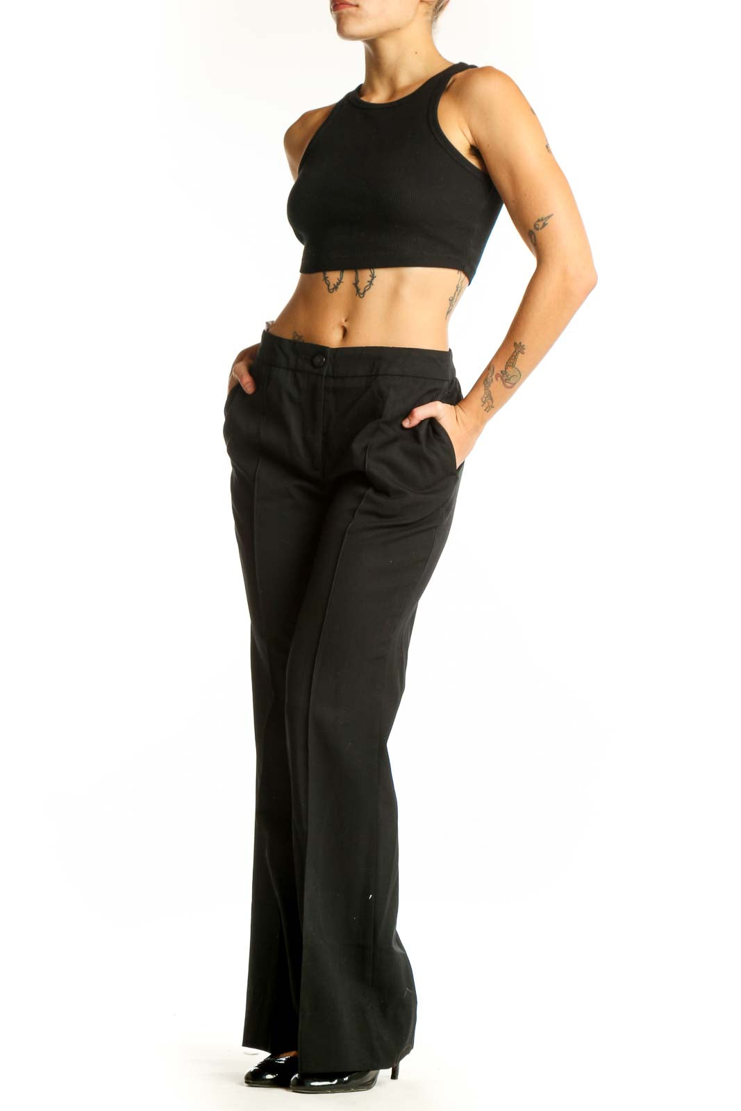 Front view of Burberry black wide-leg trousers with high-rise waist