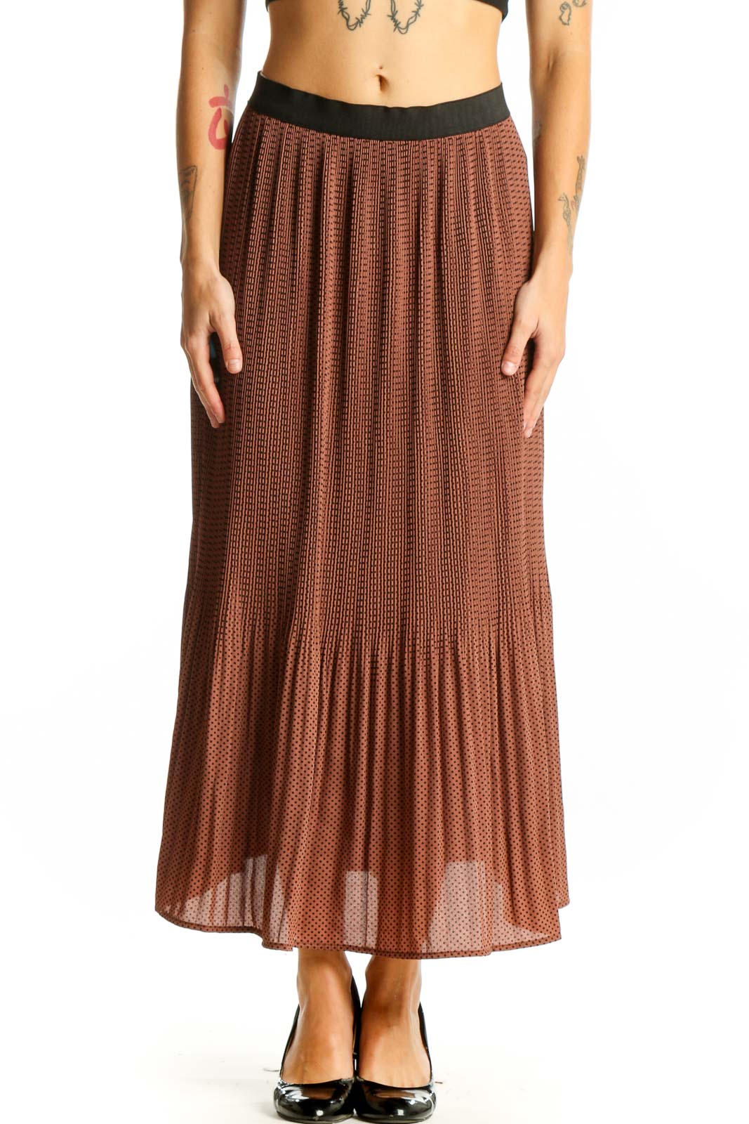 Front view of Adrianna Papell brown pleated maxi skirt with polka dot pattern