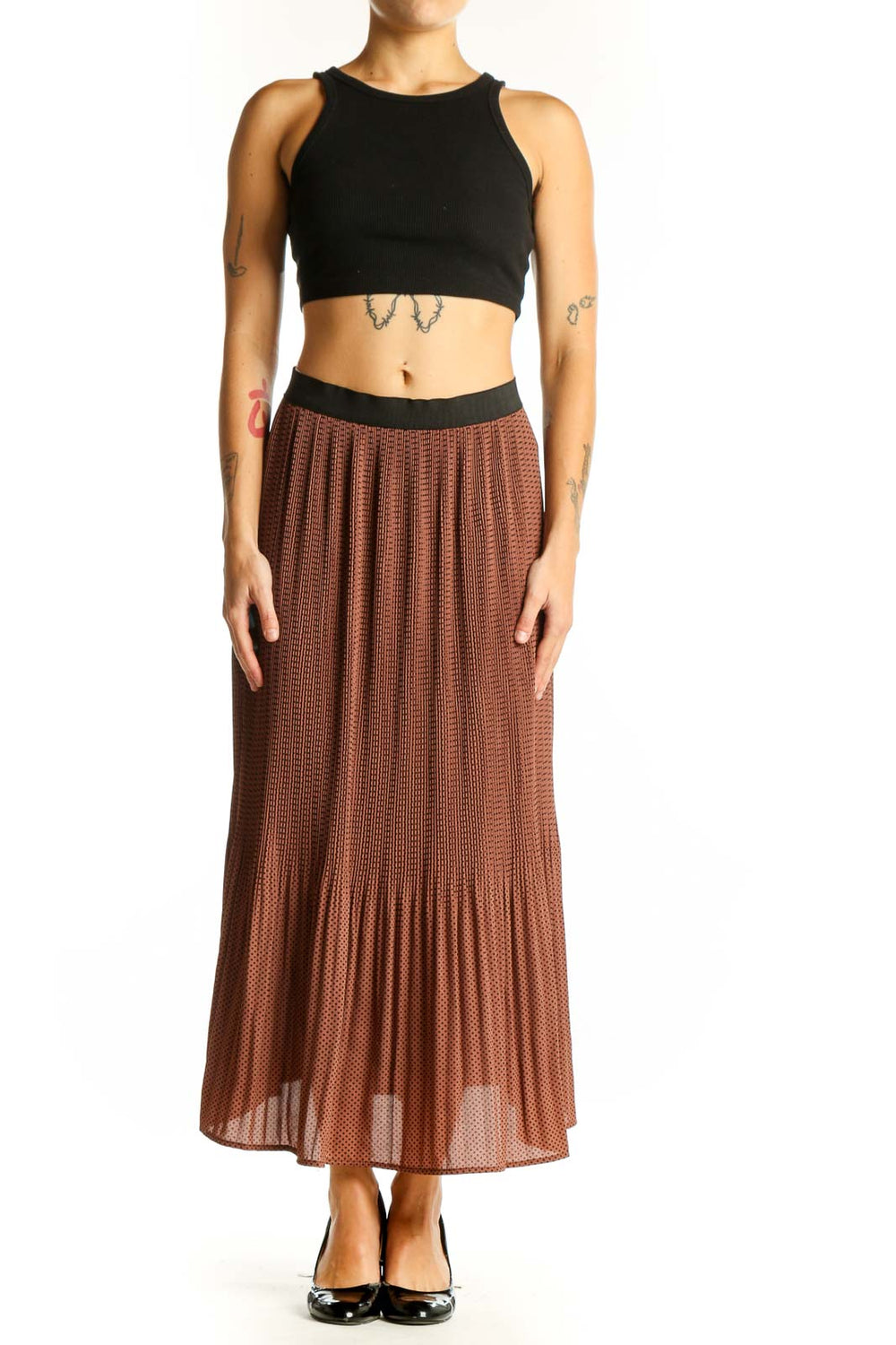 Front view of Adrianna Papell brown pleated maxi skirt with polka dot pattern