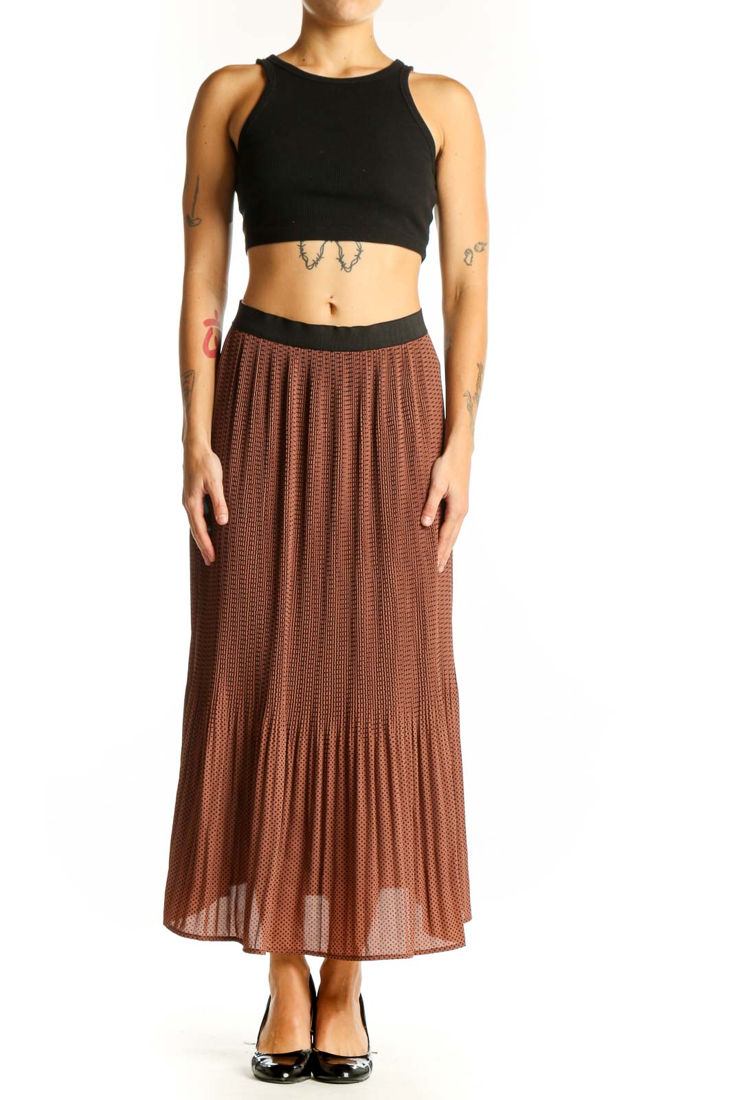Front view of Adrianna Papell brown pleated maxi skirt with polka dot pattern