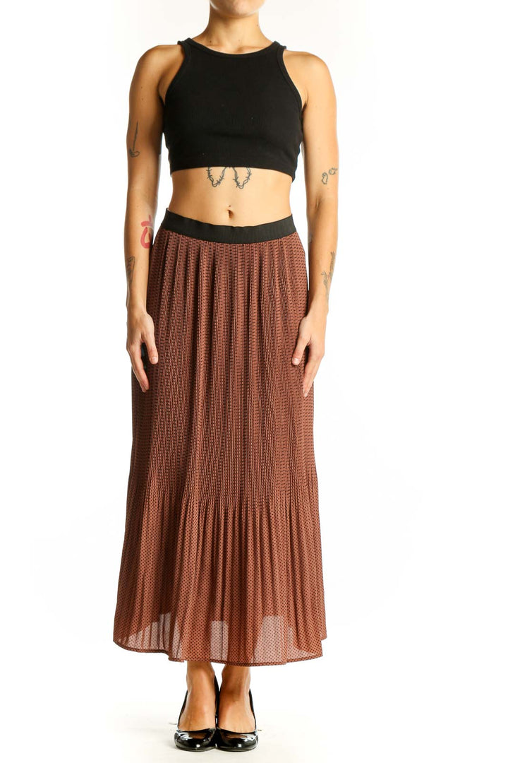 Front view of Adrianna Papell brown pleated maxi skirt with polka dot pattern
