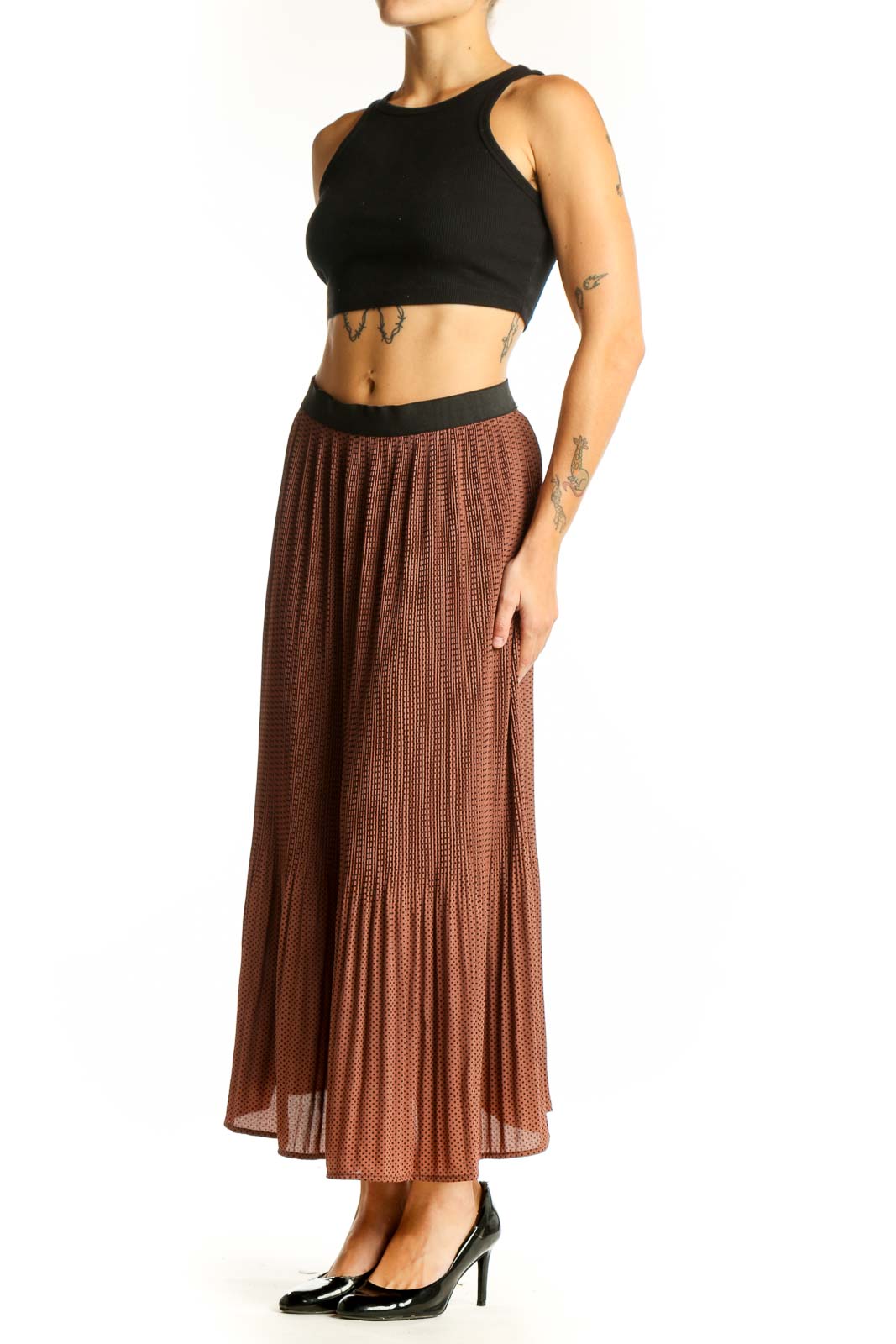 Front view of Adrianna Papell brown pleated maxi skirt with polka dot pattern