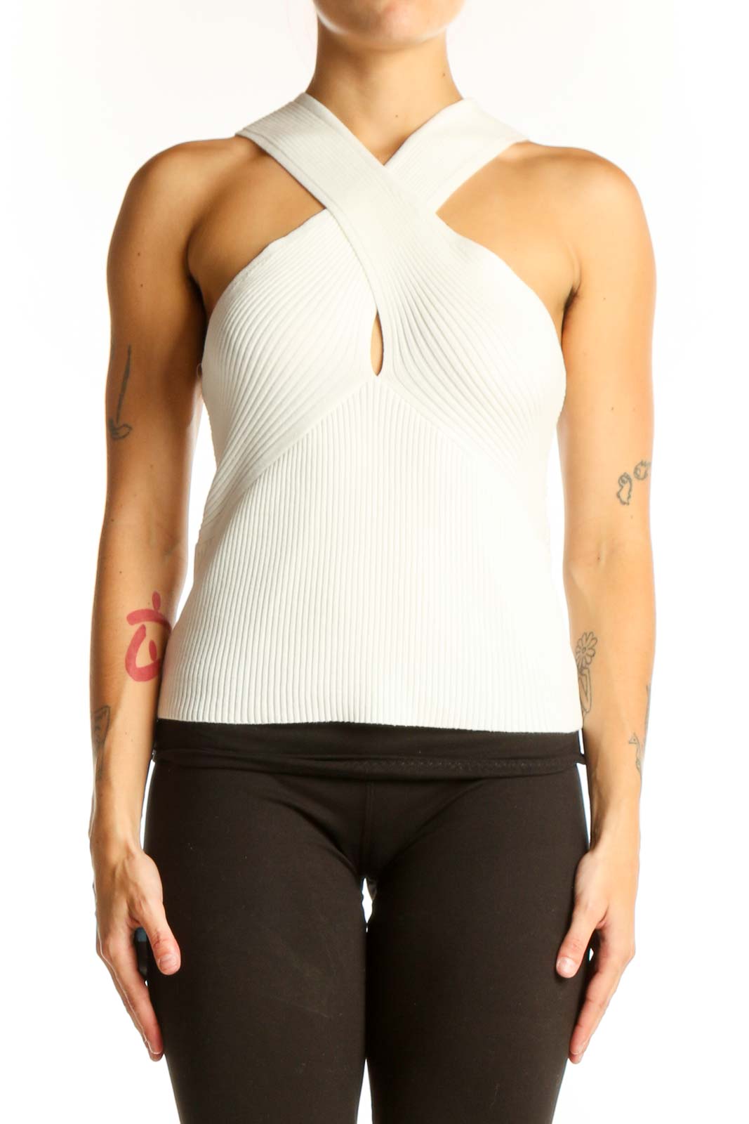Front view of white ribbed crossover halter top from Mangolia Boutique
