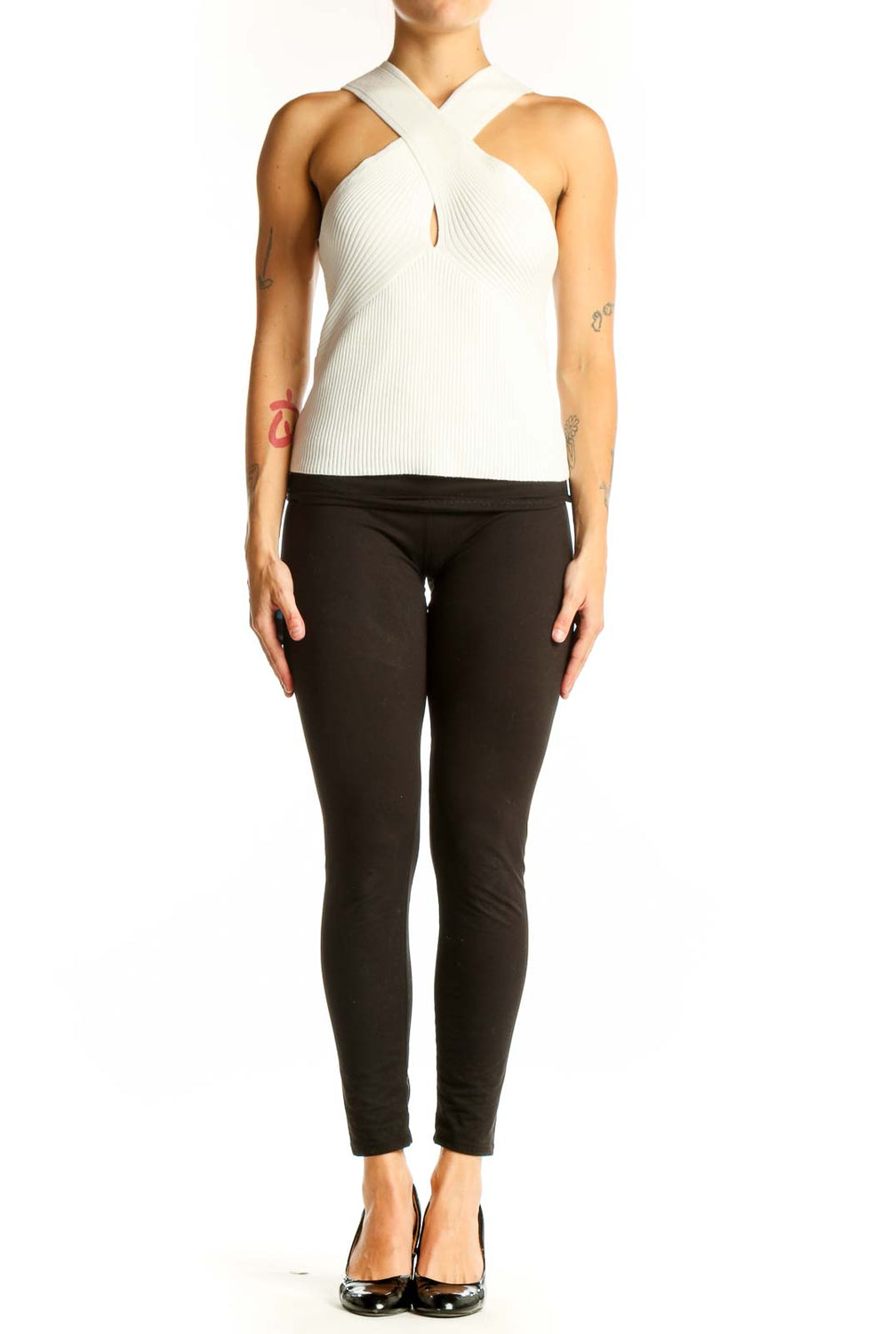 Front view of white ribbed crossover halter top from Mangolia Boutique