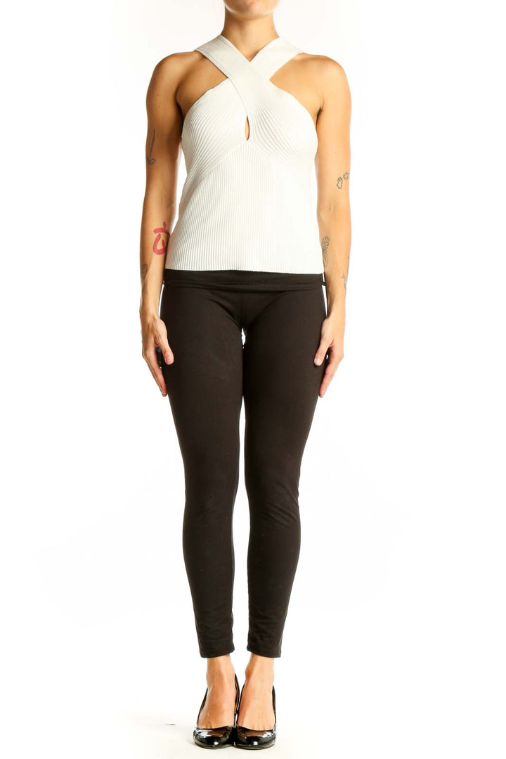 Front view of white ribbed crossover halter top from Mangolia Boutique