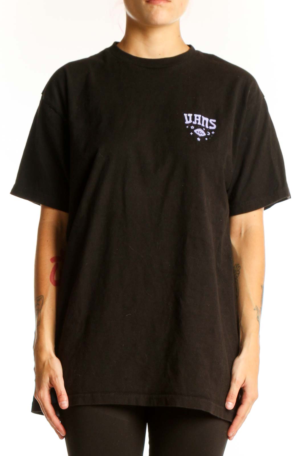 Front view of black Vans t-shirt with purple logo