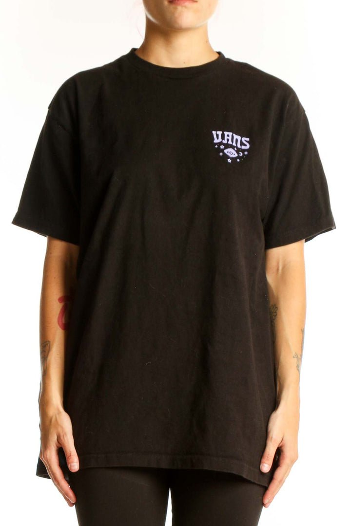 Front view of black Vans t-shirt with purple logo