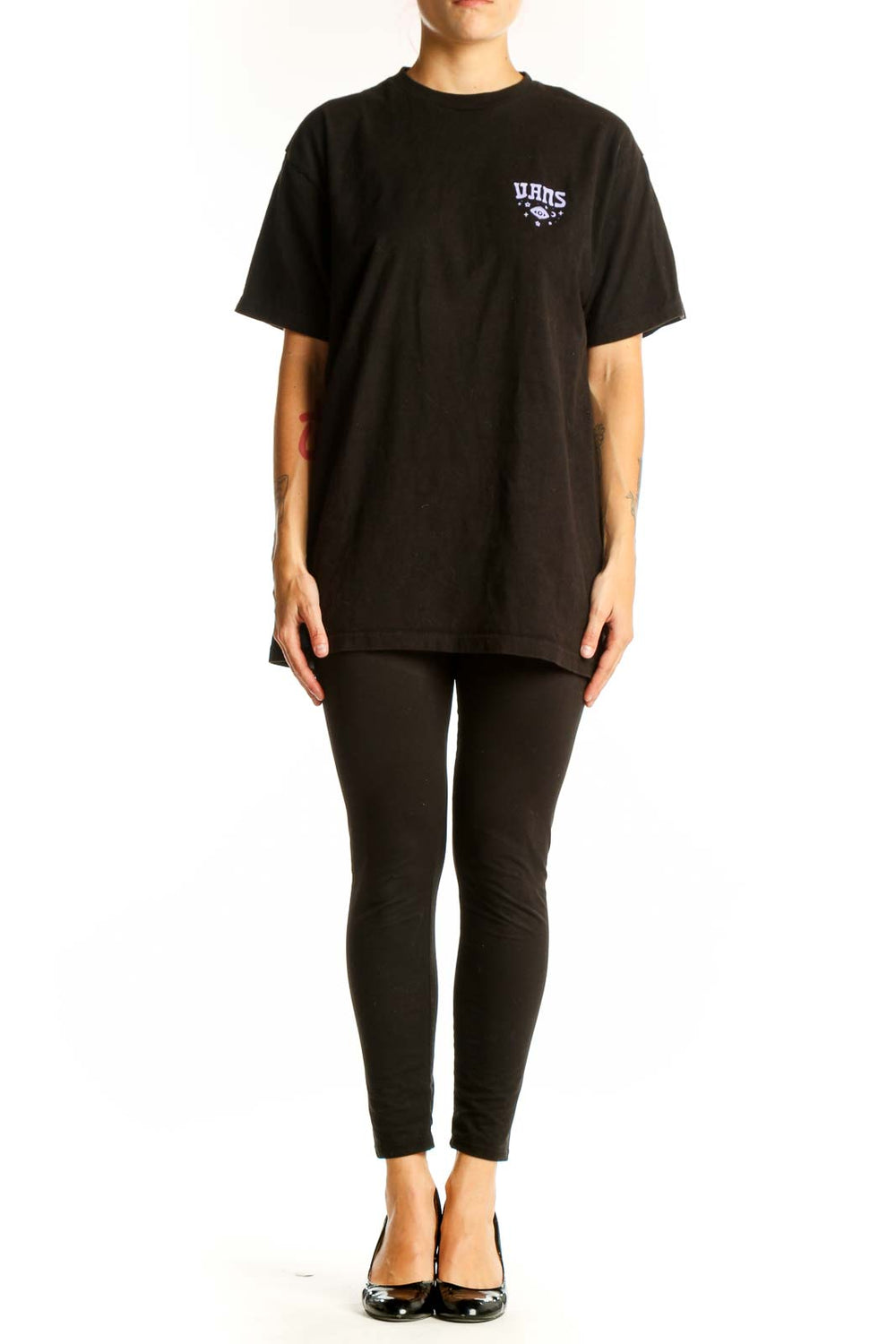 Front view of black Vans t-shirt with purple logo