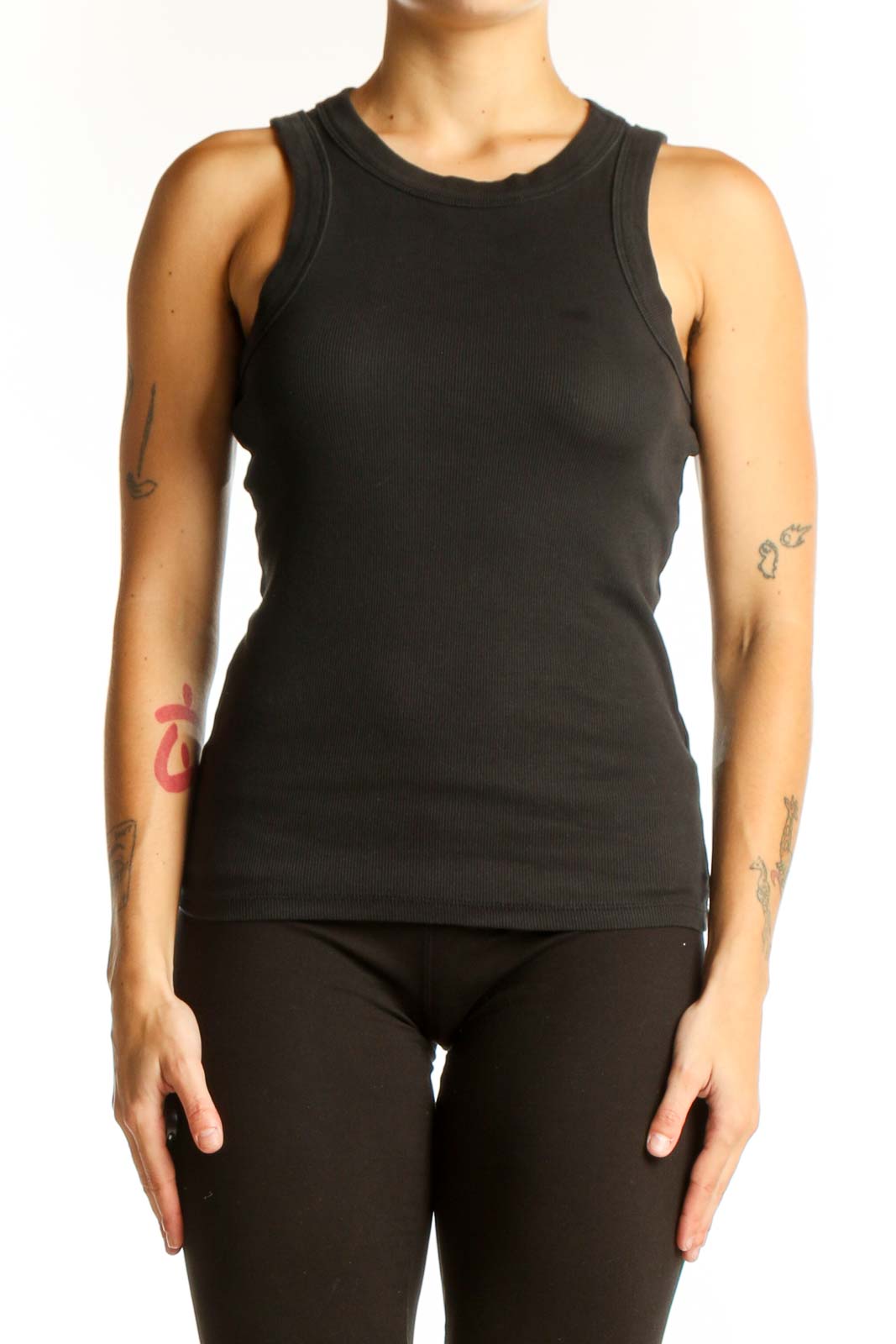 Front view of black Madewell sleeveless tank top on model