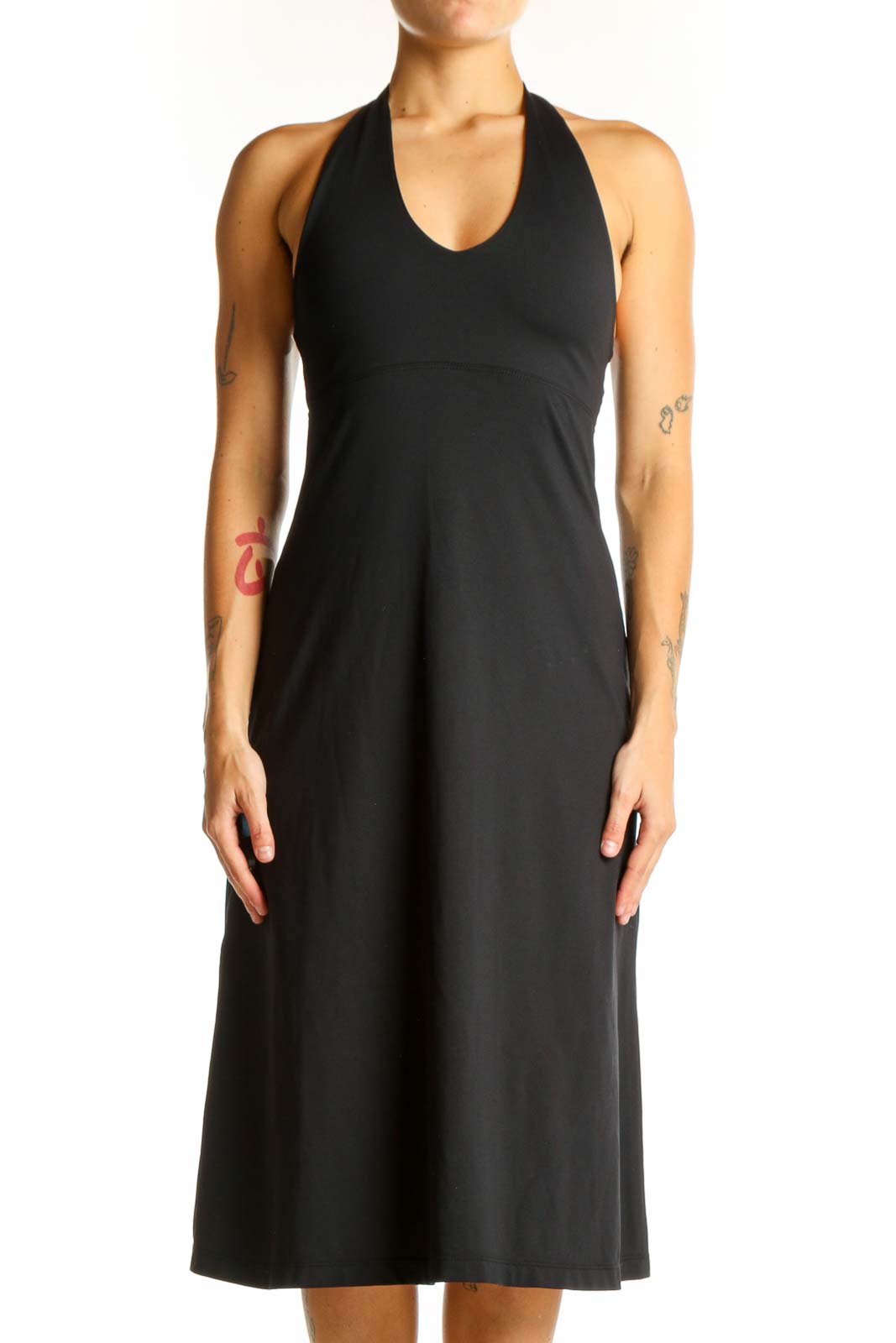 Front view of black Patagonia halter neck midi dress