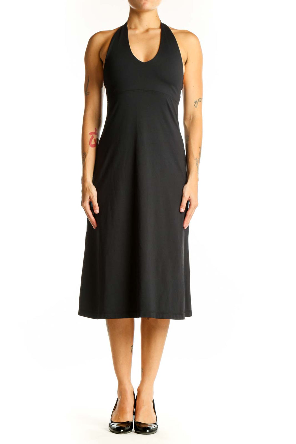 Front view of black Patagonia halter neck midi dress